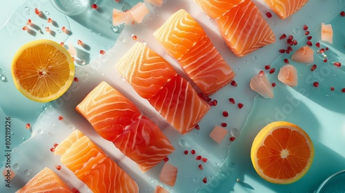 Magazine-worthy composition presenting a sensory delight of salmon products prepared with care for global markets photo