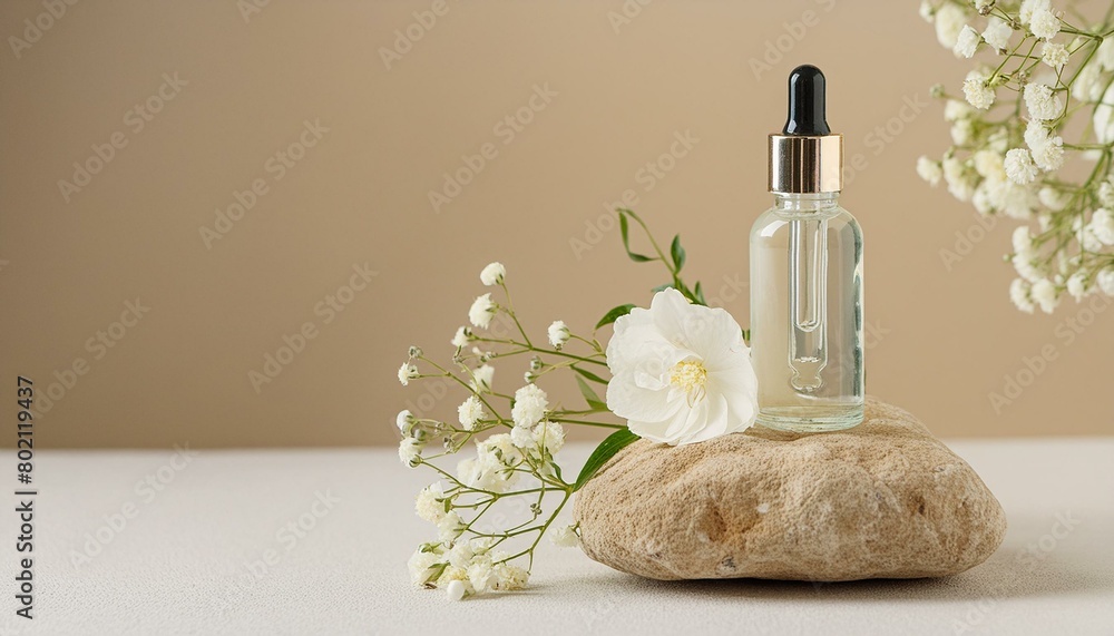 Aesthetic minimalist beauty care therapy concept. Organic serum oil cosmetics bottle on stone with flowers against neutral beige background. Body skin, face treatment product composition Aesthetic minimalist beauty care therapy concept. Organic serum oil cosmetics bottle on stone with flowers against neutral beige background. Body skin, face treatment product composition