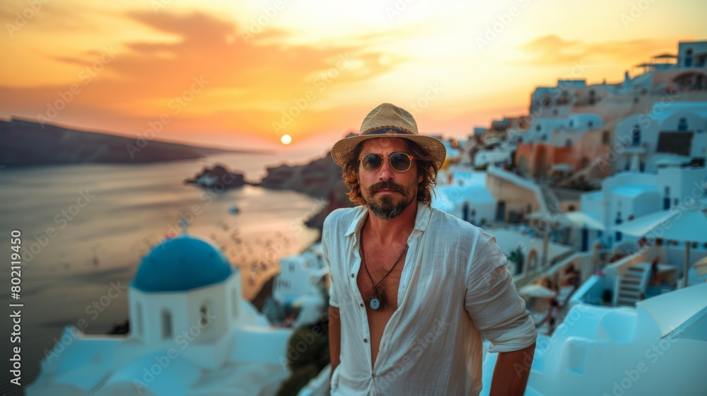 Fashionable man in a summer hat watches an incredible sunset in Santorini, Greece, highlighting the legendary blue domes and tranquil sea.
