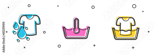 Set Dirty t-shirt, Temperature wash and Basin with icon. Vector