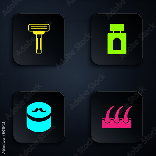 Set Human hair follicle, Shaving razor, Gel wax for styling and Aftershave. Black square button. Vector