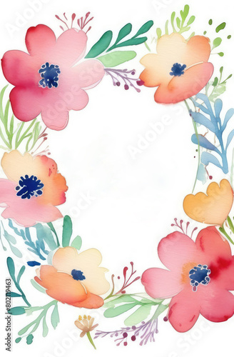 colorful watercolor illustration of field flowers. floral frame with copy space on white backdrop