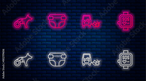 Set line Adult diaper, Disabled car, Dog in wheelchair and Smart watch. Glowing neon icon on brick wall. Vector