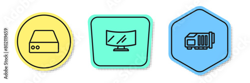 Set line Server, Data, Web Hosting, Computer monitor screen and Video graphic card. Colored shapes. Vector