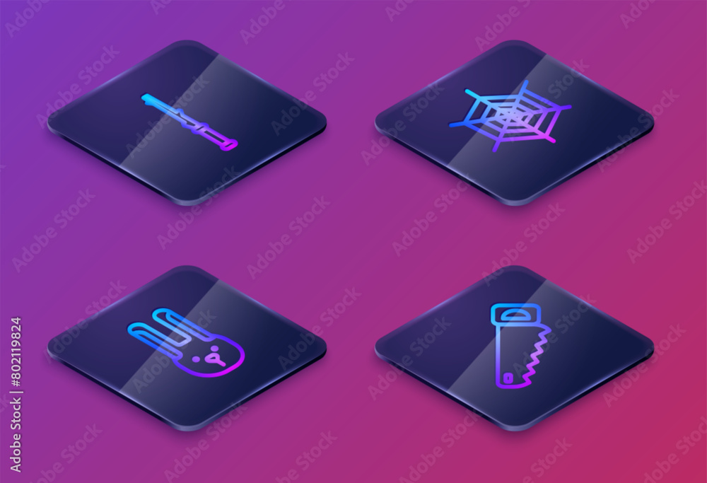Set Isometric line Magic wand, Rabbit with ears, Spider web and Hand saw. Blue square button. Vector Set Isometric line Magic wand, Rabbit with ears, Spider web and Hand saw. Blue square button. Vector