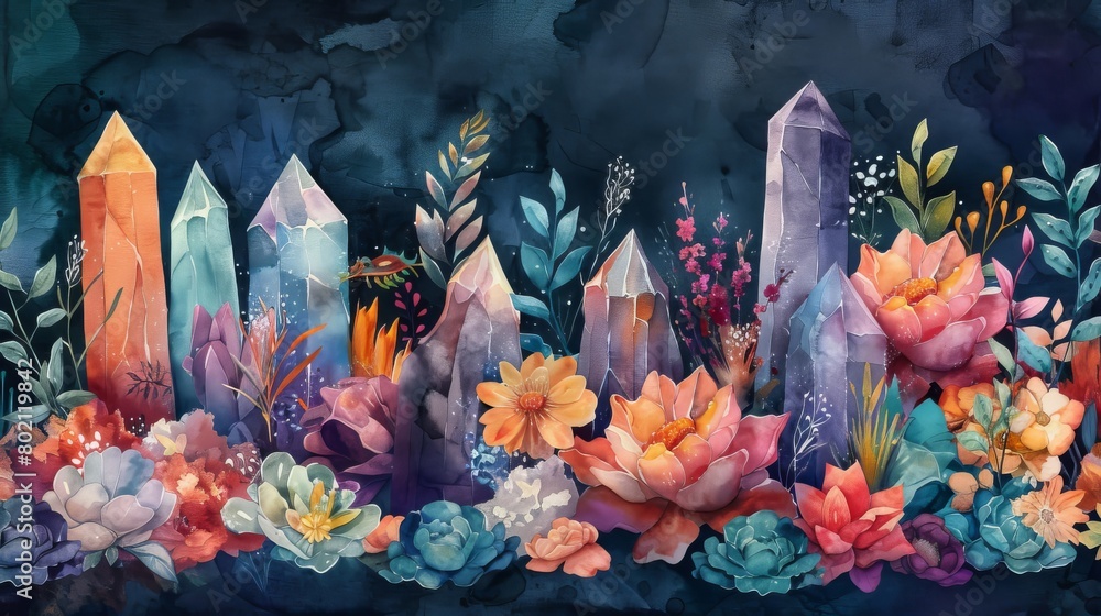 vibrant watercolor painting of crystals and flowers. The colors are deep and saturated, and the crystals are depicted as being semi-transparent.