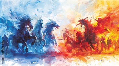 Two groups of horses with different colors are running towards each other on the grassland. The background is a fiery red and blue sky.