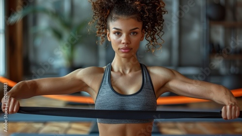 Young woman with curly hair performs a resistance band workout in a cozy home setting. She is focused and strong, demonstrating a fitness routine.