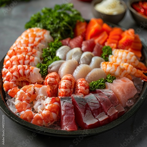 A plate of assorted sushi with a variety of seafood including shrimp, salmon