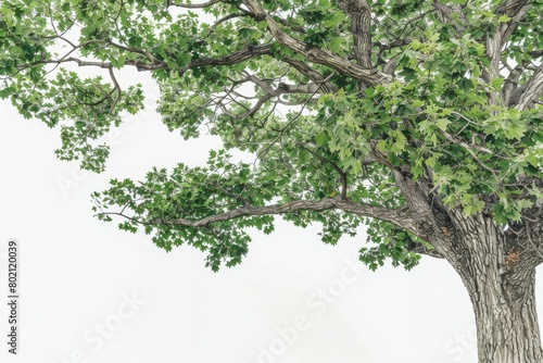 Terrestrial plant with green leaves, branches, and trunk on white background