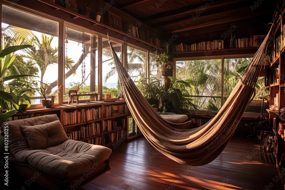 Cozy Living Room with Hammock: Renaissance Vibes, Small Library, Lush Vista