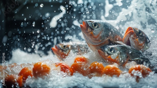 A group of fish are swimming in a tank with a bunch of oranges