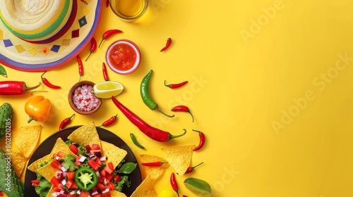 Cinco-de-mayo concept. Top view photo of traditional food nacho chips salsa sauce chilli tequila with salt lime sombrero serape cactus and maracas on isolated vivid yellow background with copyspace