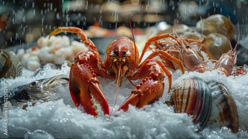 A large lobster is in a tank of ice with other seafood