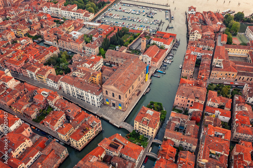 Panoramic shot Venice, Cannareggio, Italy. Tiled roofs and streets. Historical buildings. Tourism. photo