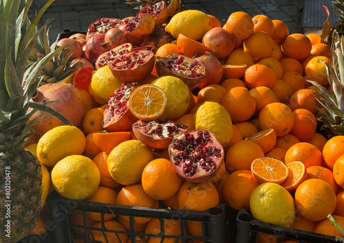 Early morning light shines on baskets of fruit in Istanbul, Turkey 
