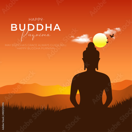 Happy Buddha purnima Post and Greeting Card Design. Minimal and Modern buddha purnima and Vesak Banner with Buddha and Text Vector Illustration