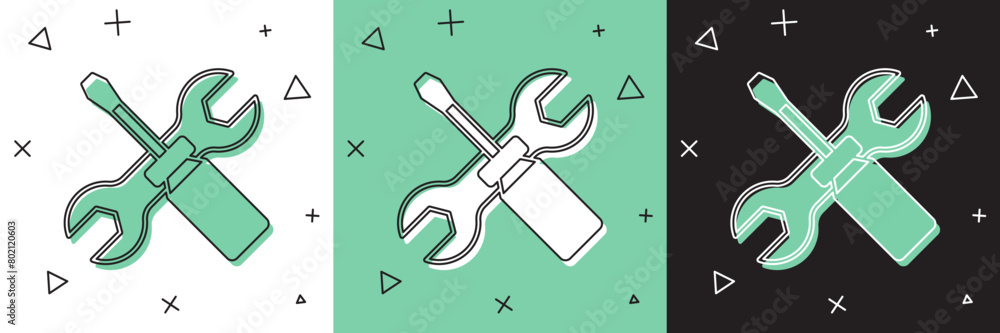 Set Screwdriver and wrench spanner tools icon isolated on white and green, black background. Service tool symbol. Vector Set Screwdriver and wrench spanner tools icon isolated on white and green, black background. Service tool symbol. Vector