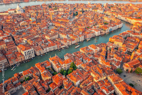 Aerial view of Venice, San Polo, Italy. Amazing city view from above on building roofs and canals.