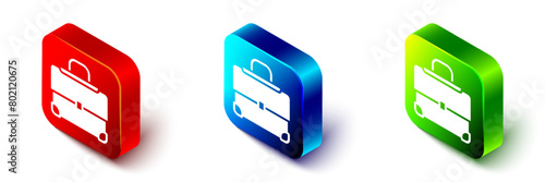 Isometric Briefcase icon isolated on white background. Business case sign. Business portfolio. Red, blue and green square button. Vector