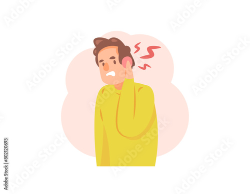 illustration of a man with red and swollen ears. earache. Otalgia symptoms. ear infection. pain in the inside or outside of the ear. health problems and disorders. flat style character illustration