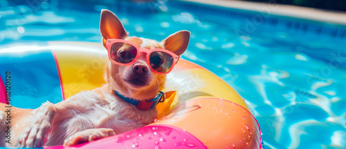 Cute Chihuahua dog wearing sunglasses while relaxing on colourful floater in swimming pool. Summer vibes concept.