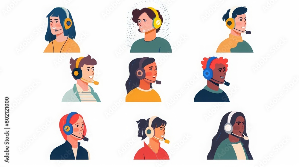 People during work calls, online consultations of support services and business communication in company Operators in headsets talk with customers Flat graphic vector illustrations isolated on white People during work calls, online consultations of support services and business communication in company Operators in headsets talk with customers Flat graphic vector illustrations isolated on white