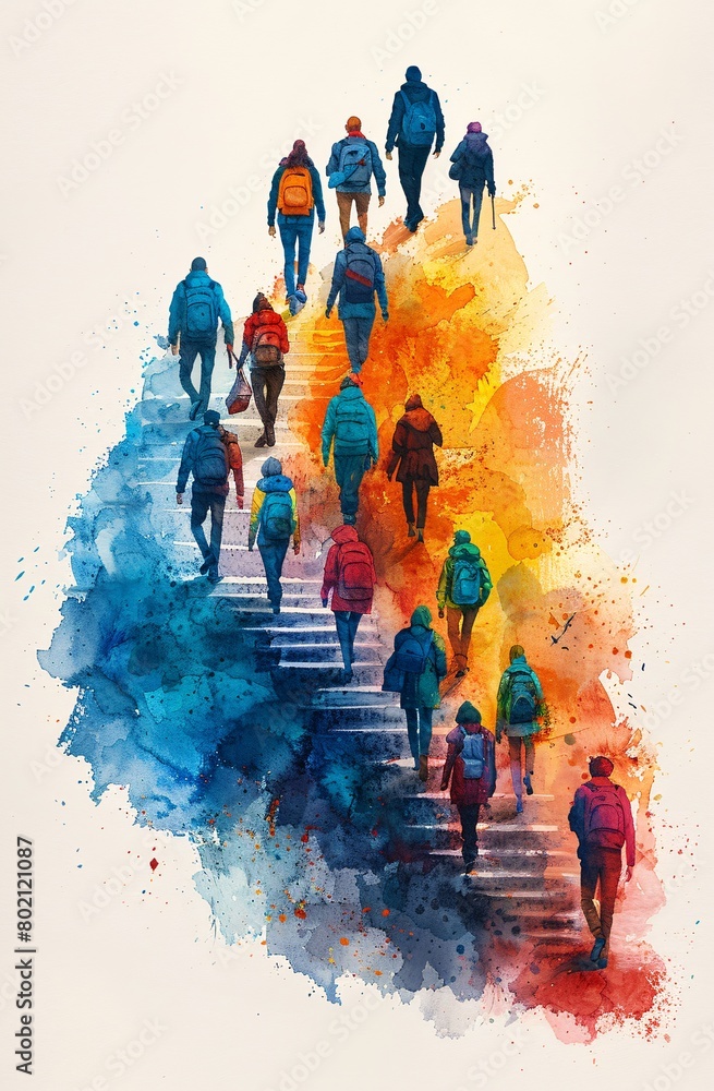 Colorful Watercolor Journey of Figures Ascending a Staircase, Artistic Concept