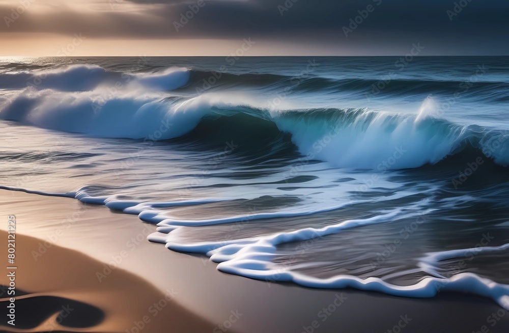 Illustration of waves crashing on a black sand beach. Soothing landscape. Calm and peacefulness.