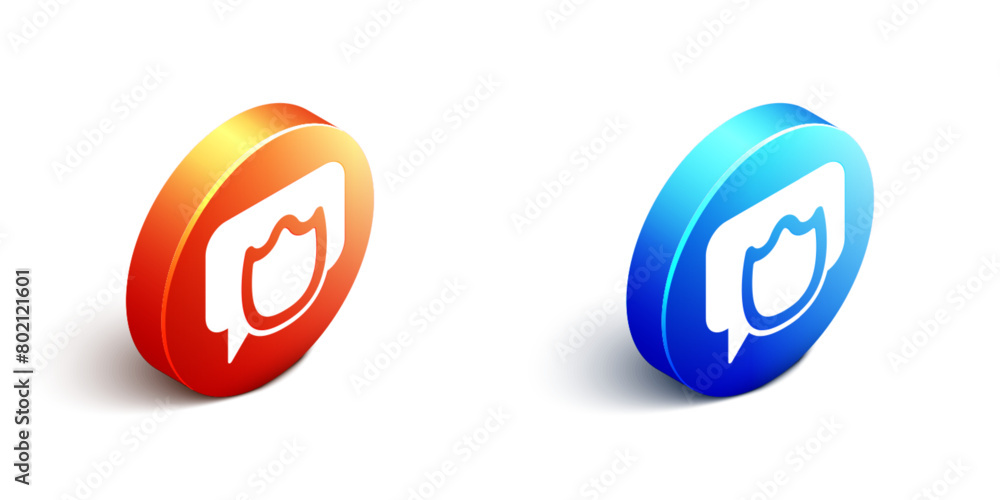 Obraz premium Isometric Speech bubble chat icon isolated on white background. Message icon. Communication or comment chat symbol. Orange and blue circle button. Vector