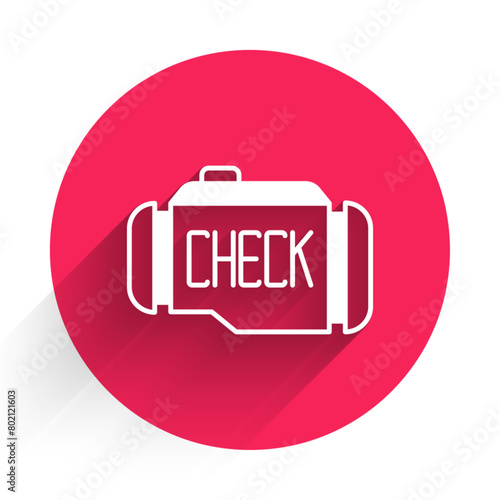 White Check engine icon isolated with long shadow background. Red circle button. Vector