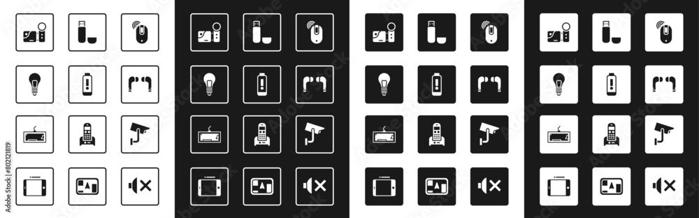 Set Wireless computer mouse, Battery charge level indicator, Light bulb with concept of idea, Cinema camera, Air headphones, USB flash drive, Security and Keyboard icon. Vector Set Wireless computer mouse, Battery charge level indicator, Light bulb with concept of idea, Cinema camera, Air headphones, USB flash drive, Security and Keyboard icon. Vector