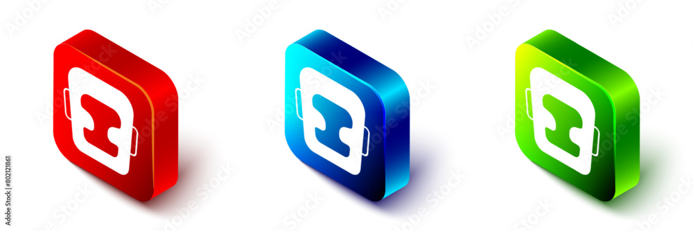 Isometric Boxing helmet icon isolated on white background. Red, blue and green square button. Vector Isometric Boxing helmet icon isolated on white background. Red, blue and green square button. Vector