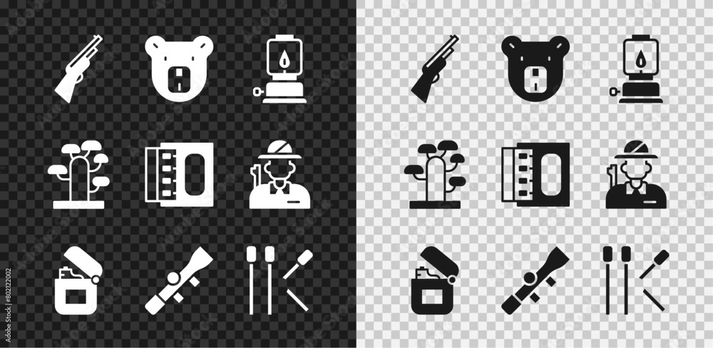 Obraz premium Set Hunting gun, Bear head, Camping lantern, Lighter, Sniper optical sight, Matches, African tree and Matchbox and matches icon. Vector