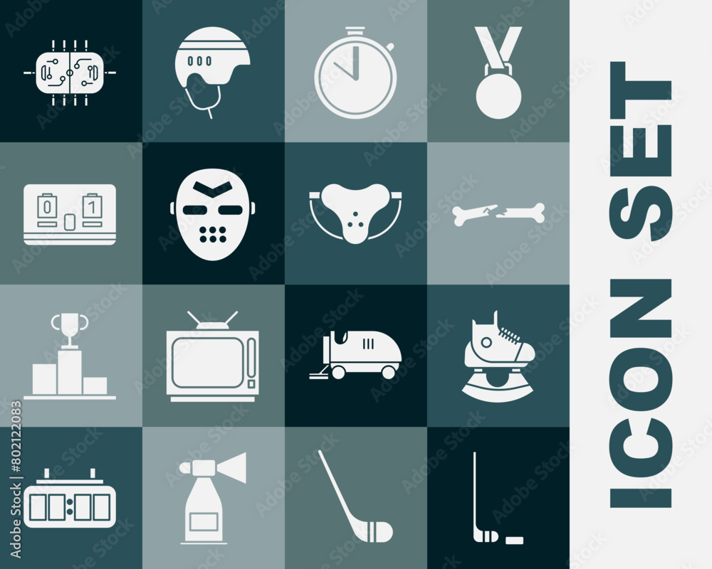 Set Ice hockey stick and puck, Skates, Human broken bone, Stopwatch, Hockey mask, mechanical scoreboard, table and Protective sport jockstrap icon. Vector Set Ice hockey stick and puck, Skates, Human broken bone, Stopwatch, Hockey mask, mechanical scoreboard, table and Protective sport jockstrap icon. Vector