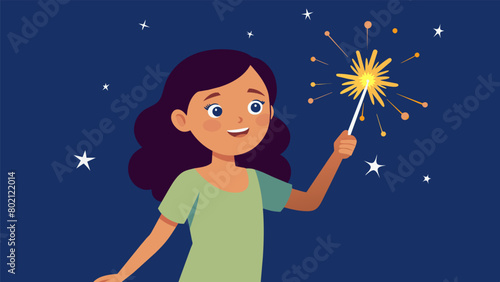 A young girl carefully holds a sparkler mesmerized by the sparks flying out of it.. Vector illustration