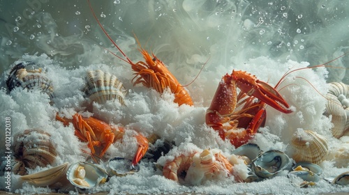 A bunch of seafood, including shrimp and clams, are in a pile of snow