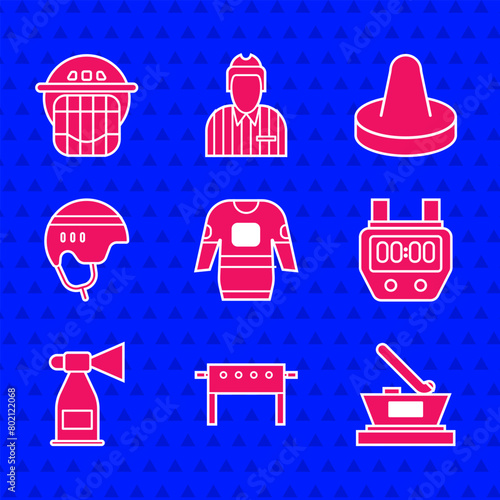 Set Hockey jersey, table, Ice hockey cup champion, Stopwatch, Air horn, helmet, Mallet for playing air and icon. Vector