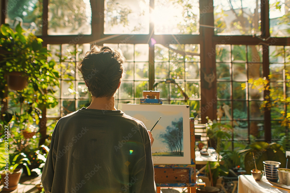 Artist's perspective in a sunny studio, painting with a view of a garden through windows. Artist's perspective in a sunny studio, painting with a view of a garden through windows.