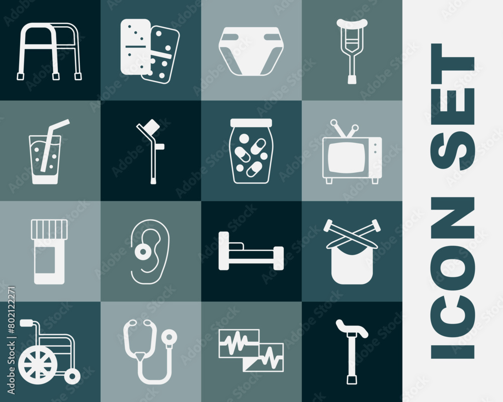 Set Walking stick cane, Knitting, Retro tv, Adult diaper, Crutch or crutches, Glass with water, Walker and Medicine bottle and pills icon. Vector Set Walking stick cane, Knitting, Retro tv, Adult diaper, Crutch or crutches, Glass with water, Walker and Medicine bottle and pills icon. Vector