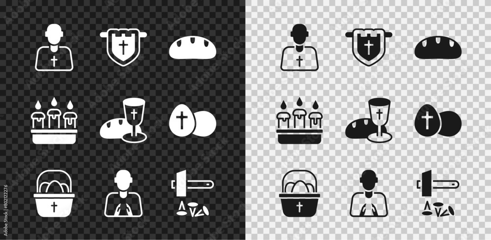 Set Priest, Flag with christian cross, Bread loaf, Basket easter eggs, Hands in praying position, Crucifixion of Jesus Christ, Burning candle candlestick and Goblet bread icon. Vector Set Priest, Flag with christian cross, Bread loaf, Basket easter eggs, Hands in praying position, Crucifixion of Jesus Christ, Burning candle candlestick and Goblet bread icon. Vector