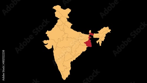 West Bengal map animated video. West Bengal location in India highlighted colour with transparent background in video format. Map animation video.