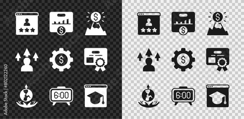 Set Customer product rating, Key performance indicator, Mountains with flag, World expansion, Digital alarm clock, Online education, Front end development and Gear dollar icon. Vector photo