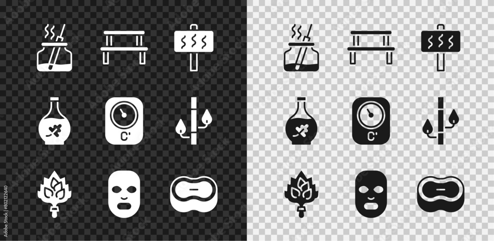 Set Aroma diffuser, Sauna wood bench, broom, Facial cosmetic mask, Bar of soap, Essential oil bottle and thermometer icon. Vector Set Aroma diffuser, Sauna wood bench, broom, Facial cosmetic mask, Bar of soap, Essential oil bottle and thermometer icon. Vector