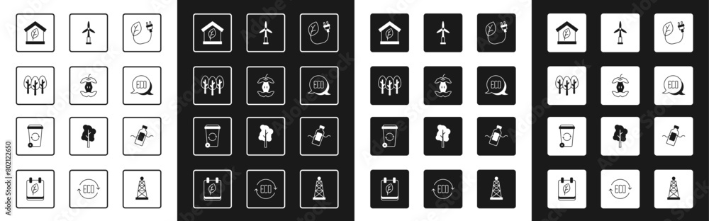Set Electric saving plug in leaf, Apple core, Tree, Eco friendly house, Leaf symbol, Wind turbine, The problem of pollution and Recycle icon. Vector Set Electric saving plug in leaf, Apple core, Tree, Eco friendly house, Leaf symbol, Wind turbine, The problem of pollution and Recycle icon. Vector