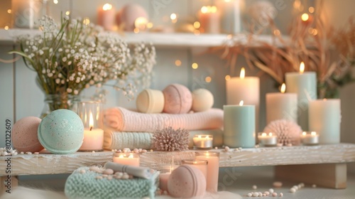 A collection of bath bombs and scented candles, creating a spa-like atmosphere for relaxation