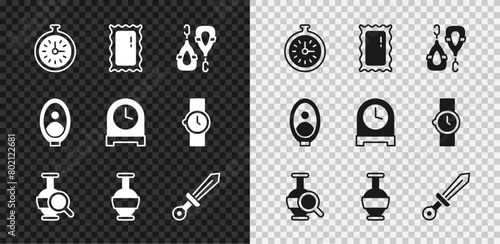 Set Pocket watch, Big full length mirror, Earrings, Ancient amphorae, Medieval sword, Portrait picture museum and Antique clock icon. Vector