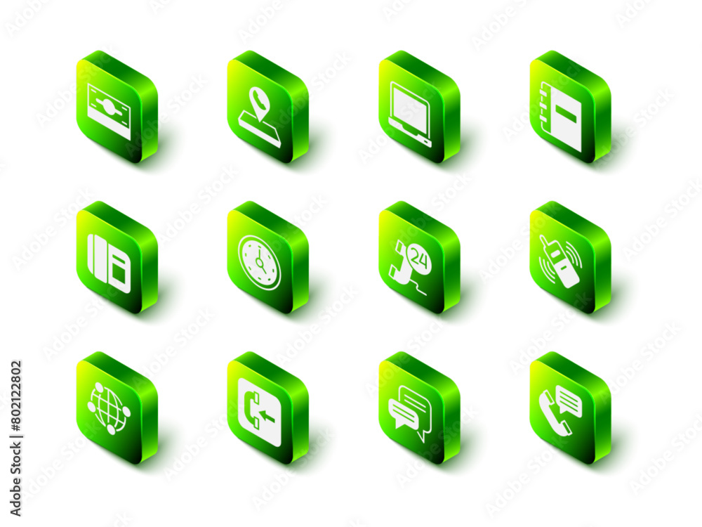 Set Call center location, Laptop, Notebook, Mobile phone, Telephone conversation, 24 hours support, Speech bubble chat and Incoming call icon. Vector Set Call center location, Laptop, Notebook, Mobile phone, Telephone conversation, 24 hours support, Speech bubble chat and Incoming call icon. Vector