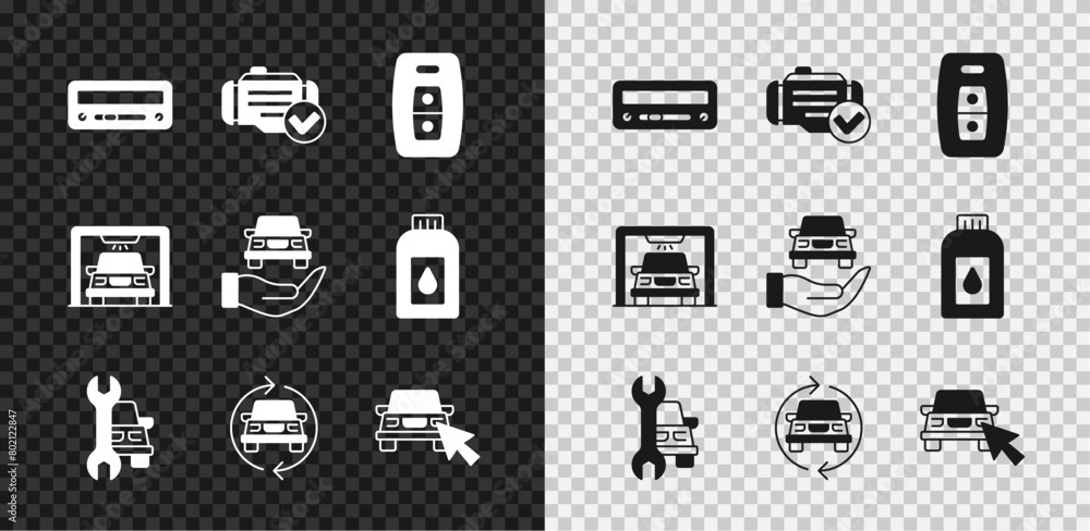 Set Car audio, Check engine, key with remote, service, Online car sharing, wash and Auto check automotive icon. Vector Set Car audio, Check engine, key with remote, service, Online car sharing, wash and Auto check automotive icon. Vector