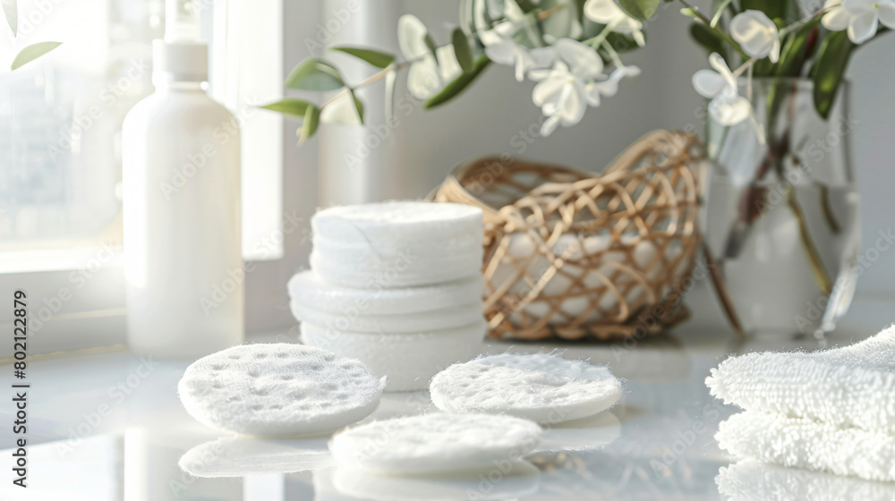 Cotton pads and cosmetic products on light background